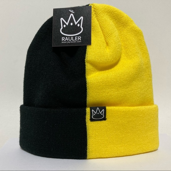 Half Black Yellow 2 Two Tone Beanie Knit Cap Hat - Picture 2 of 4